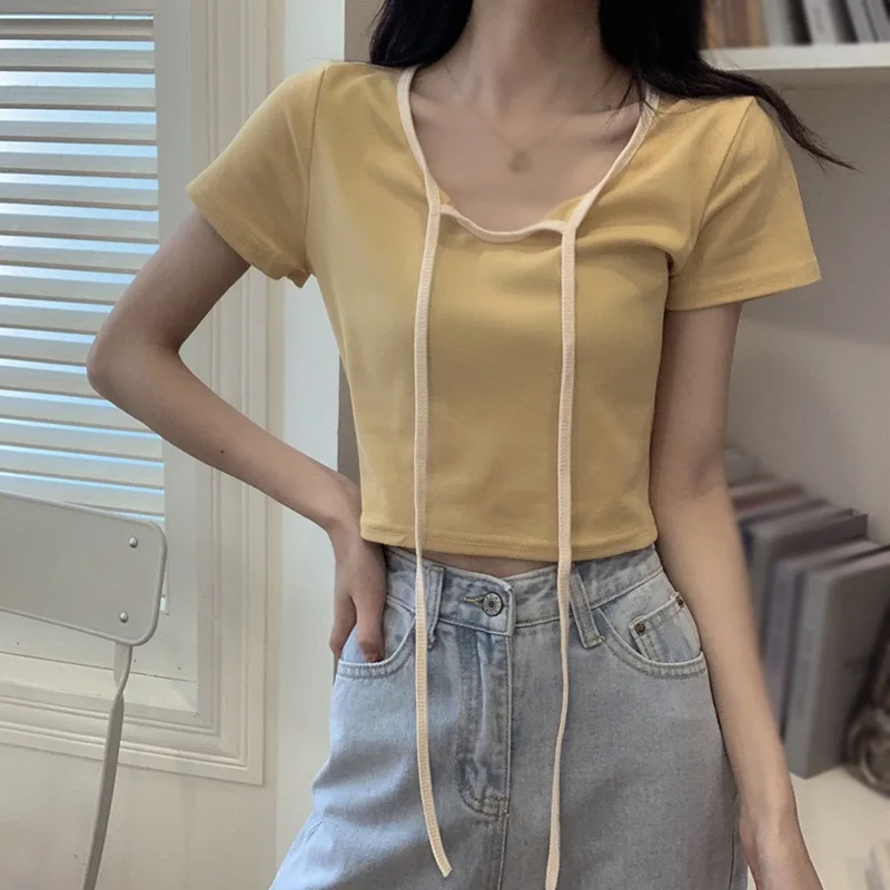 

Sweet Cute Bottoming Shirt Women Lace upShort Slim T-shirt Women's Top Short Sleeve