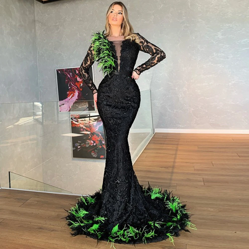 

Sexy Evening Dresses Pleat Tulle Fur Appliques V-Neck Full Sleeve Zipper Mermaid Gowns Novia Do 2021 New Party