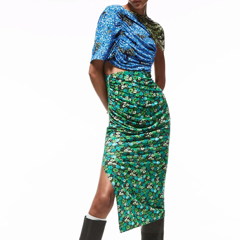 

Za Dress 2021 Vintage Floral Printed Dresses Bodycon Women Summer Chic O-Neck Cut Out Midi Club Party Dress Outfits Streetwear