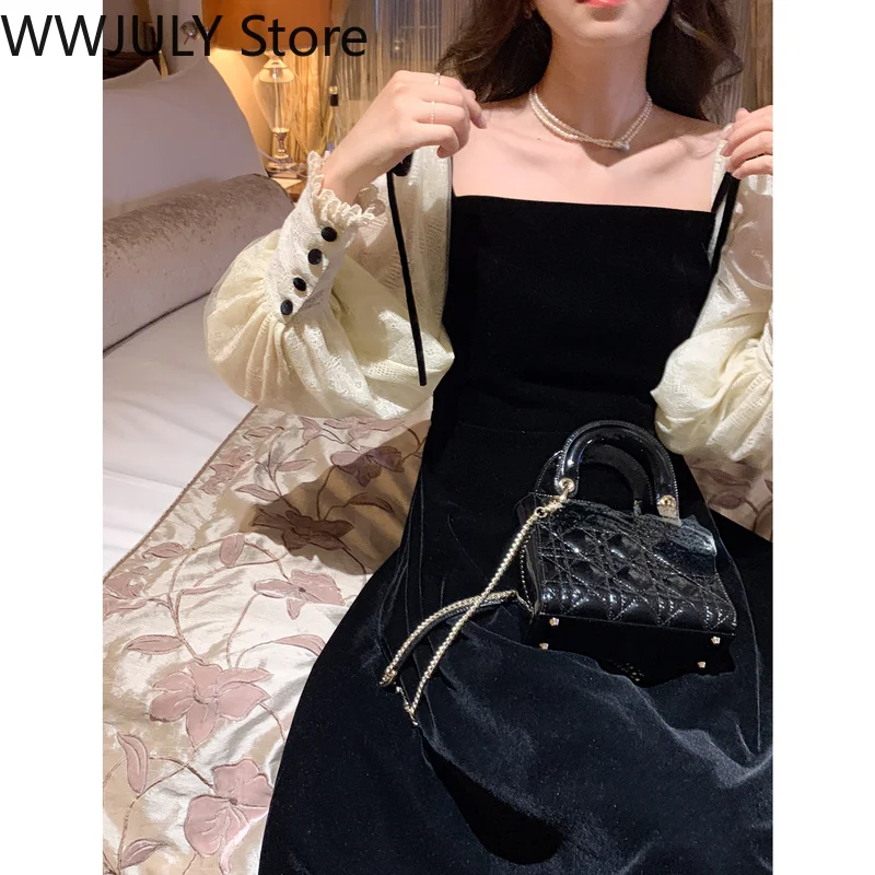 2022 Spring Black Velvet Dress Women Square Collar Vintage One Piece Dress Korean Office Lady Elegant Midi Dress Party Evening