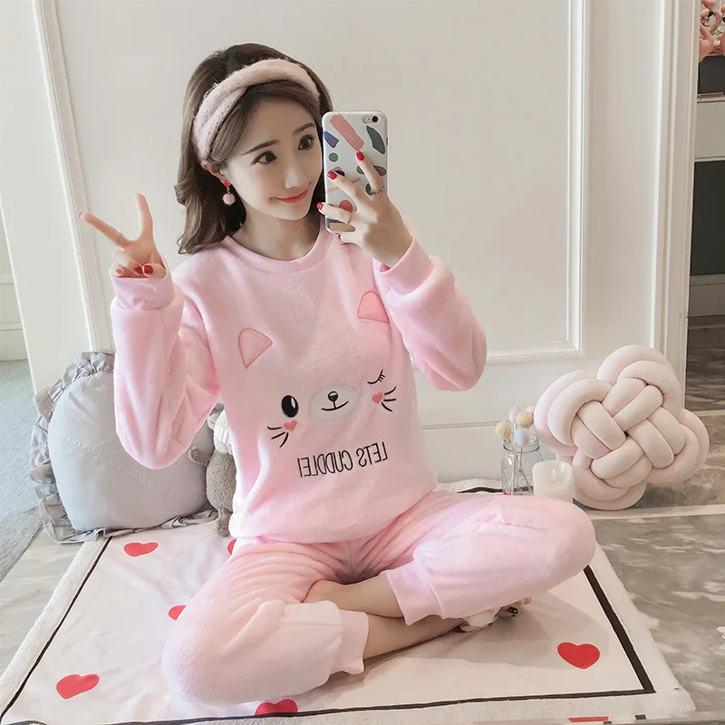 Зимняя теплая фланелевая элегантная женская одежда для сна, пижама, Женский пижамный комплект с мультяшным принтом, пуловер, коралловый флис, пижамы, женские домашние костюмы - Цвет: As Picture Shown