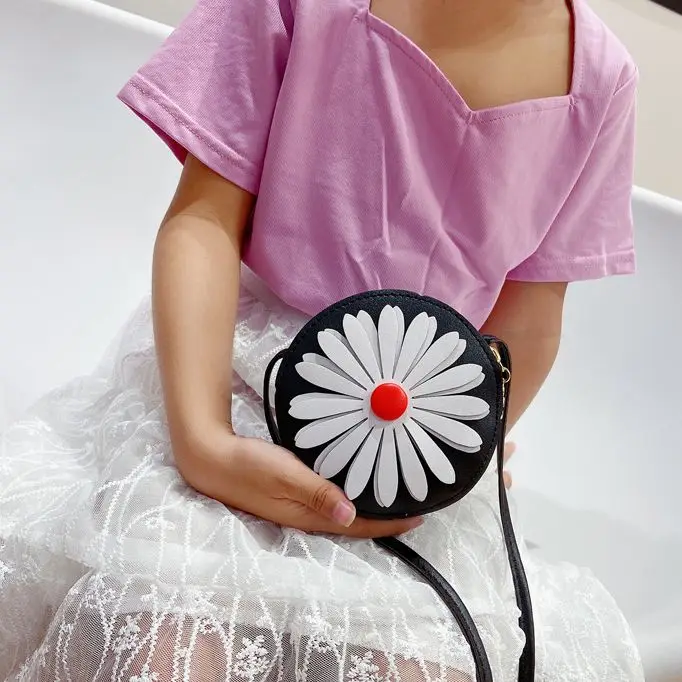 PU Leather Girls Mini Shoulder Bags Baby Kids Coin Purse Handbags Small Wallet Fashion Daisy Flower Children's Crossbody Bags