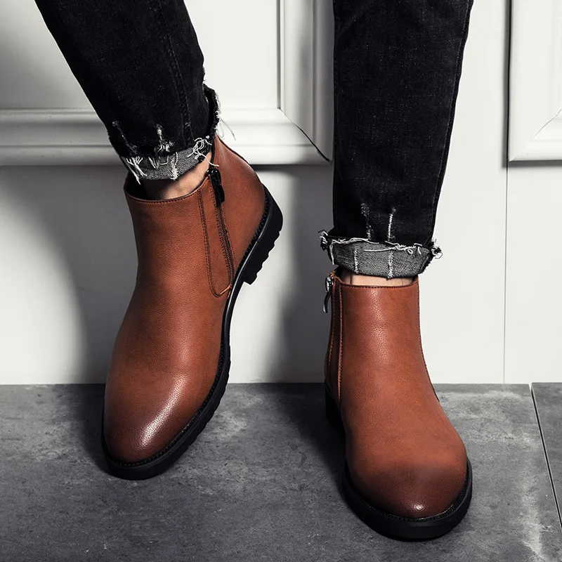 

Men's Fashion Leather Boots Comfortable Pointed Toe Zipper Ankle Boots Business Dress Shoes Low Top Retro Men's Shoes 2021