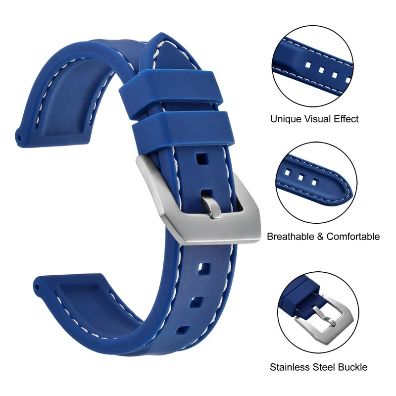 Anbeer Siliocne Watchband Men Diving Rubber Replacement Bracelet 18mm 20mm 22mm 24mm Blue Wristband