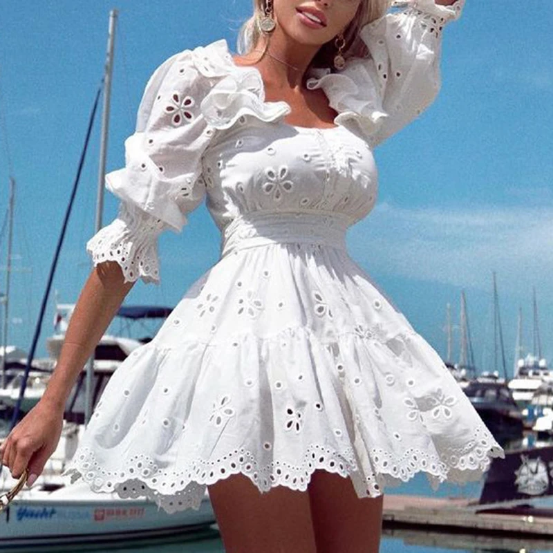 

Elegant Summer Loose Lace Patchwork Women Casual Dress Sexy Hollow Out Solid Ruffles Dress Square Collar Party Dresses Vestidos