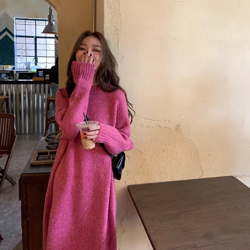 

Knitted Sweater Dress Korean Loose And Gentle O-Neck Long-Sleeved Pure Color Elegant Dress Autumn And Winter Fashion New Style
