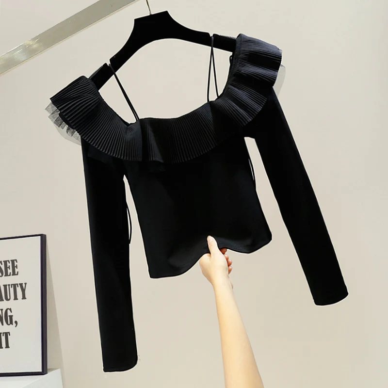 

Милая плиссированная комбинированная облегающая короткая блузка на бретельках с открытыми плечами Женская универсальная элегантная руба...