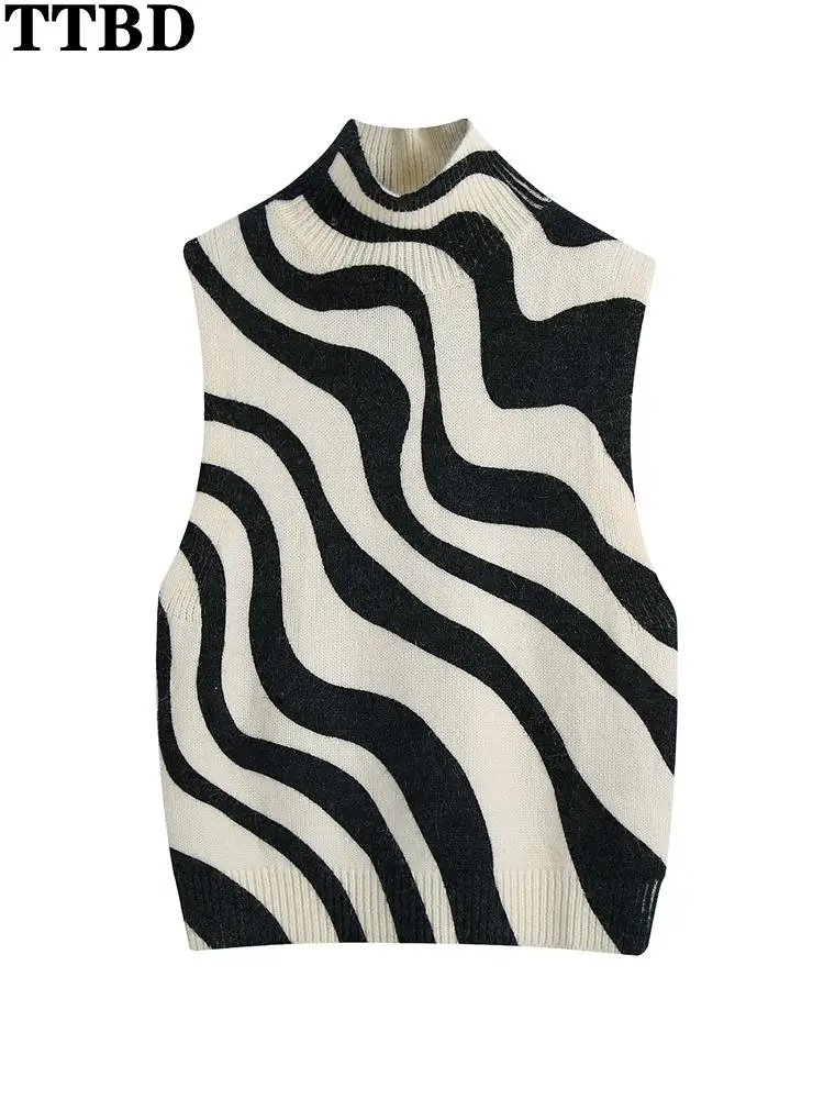 

TTBD Women 2022 fashion fitted jacquard crop knit vest sweater vintage high neck sleeveless female waistcoat chic tops knit top