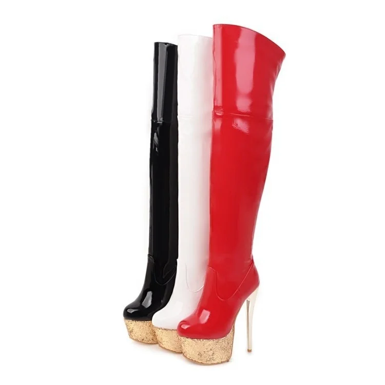 

White red boots patent leather pole dance boots super high heels knee high boots wedding shoes extra large women's boots