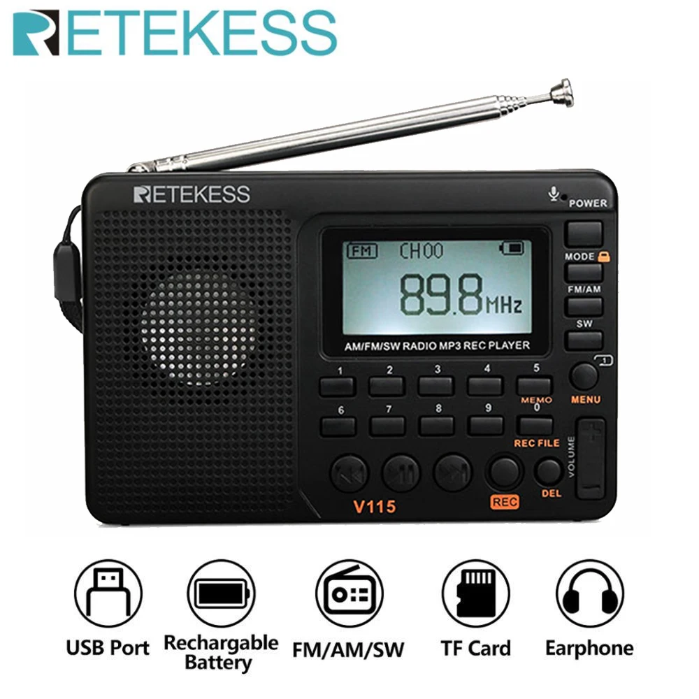 

Радиоприемник RETEKESS V115 AM/FM/SW Карманный с поддержкой TF-карты и USB