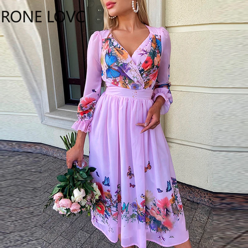 

Women Casual All Over Print Floral V neck Long Lantern Sleeve Midi Chiffon Dress