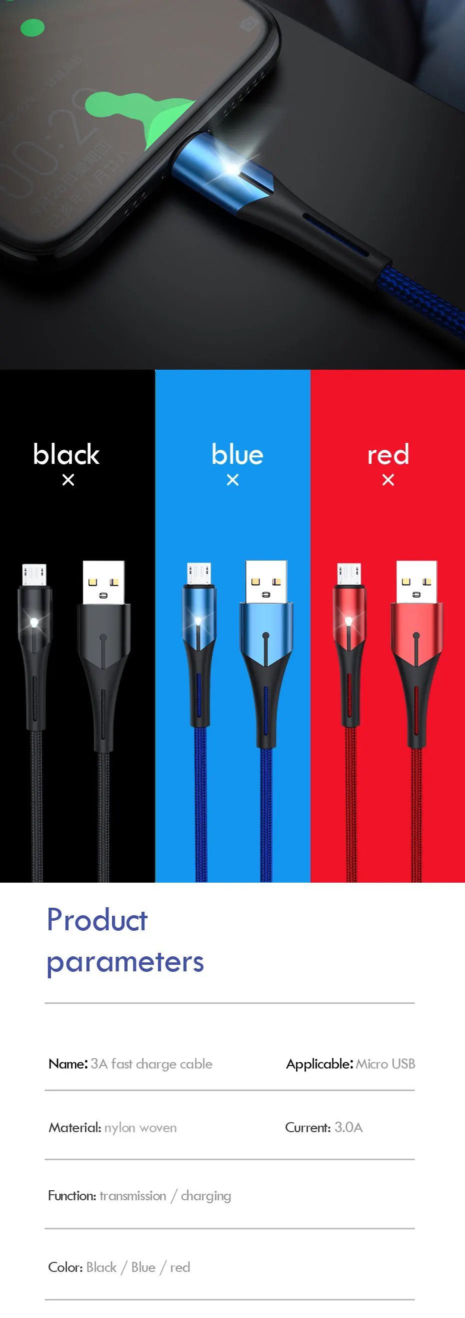 ZNP светодиодный Micro USB кабель для samsung J5 J7 Honor Быстрая зарядка Android мобильный телефон Microusb кабель для Redmi Note 5 шнур зарядного устройства