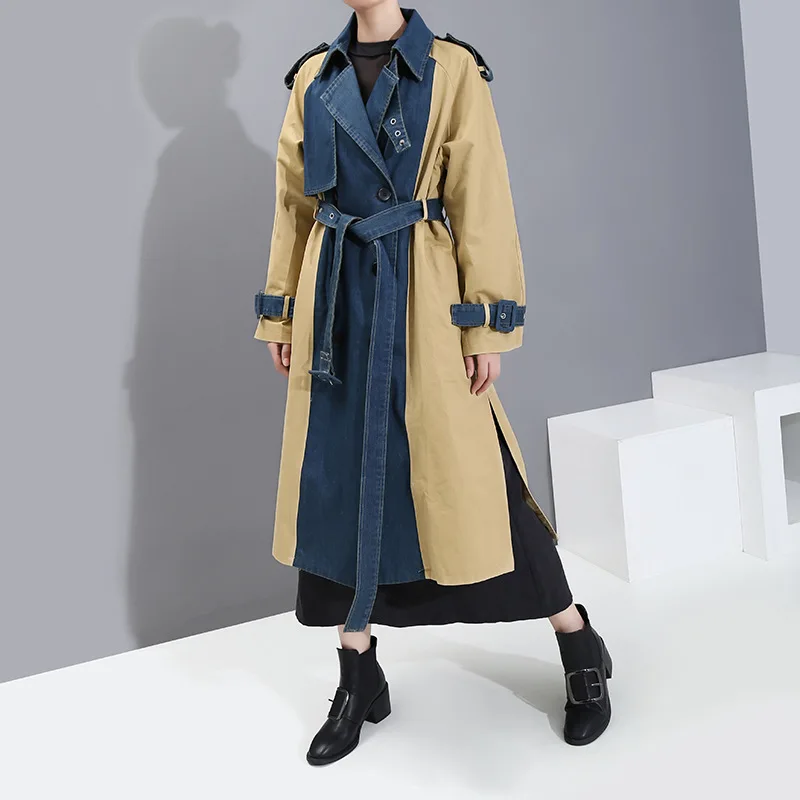 Тренчкот женский джинсовый в стиле пэчворк Модный повседневный двубортный