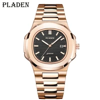 pladen mens watches top brand luxury black bling watch men rose gold classic japan quartz movment canlendar male wrist watch