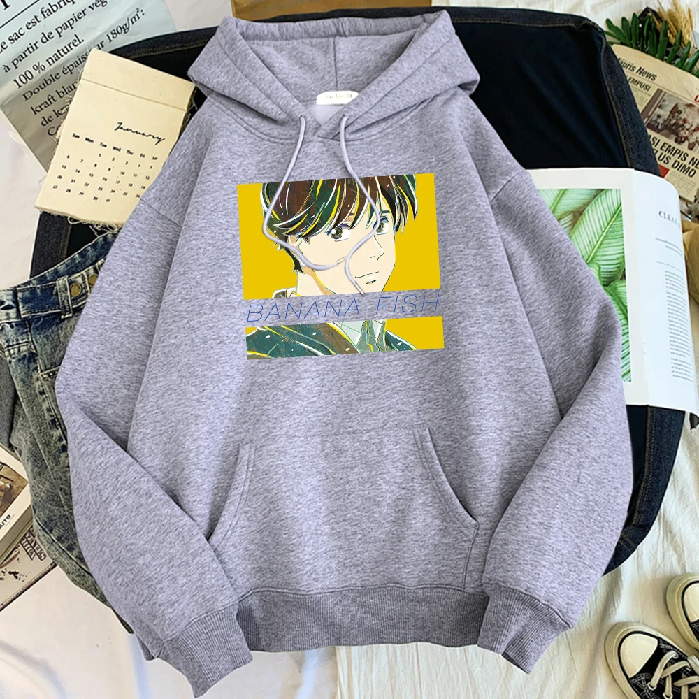 

Толстовка мужская с капюшоном, теплая Повседневная Уличная одежда с принтом в японском стиле аниме, банан, рыба, удобная кофта оверсайз