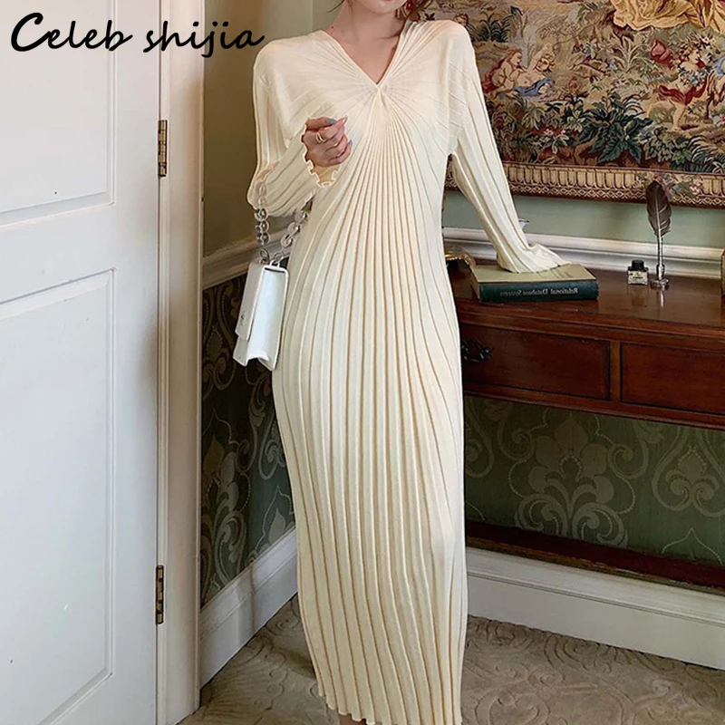 

Новое шикарное шерстяное платье, Новинка осени, вязаные платья с V-образным вырезом и высокой талией, вязаная зимняя одежда в Корейском стил...