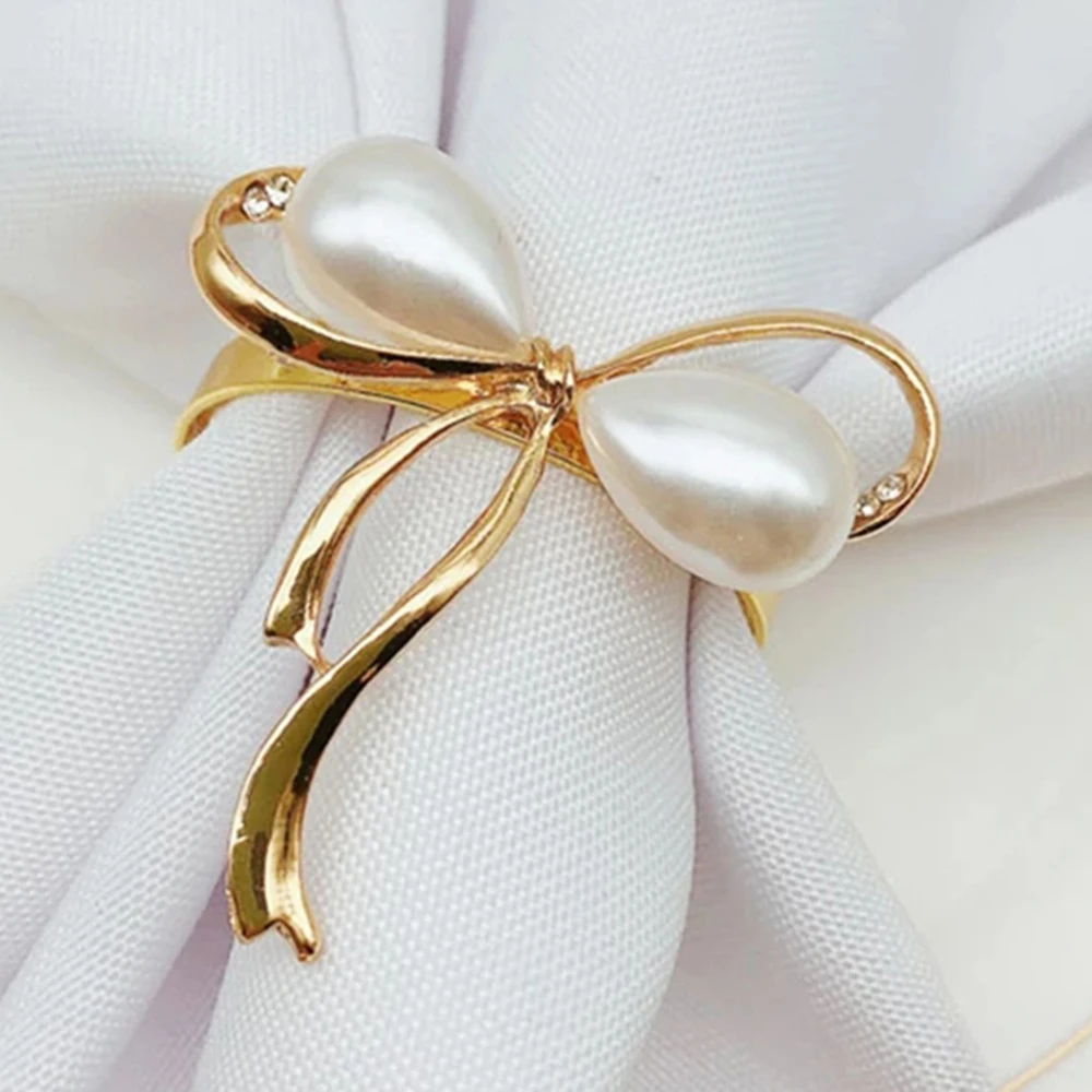

Fashion Alloy Napkin Ring Pearl Bow West Dinner Towel Napkin Buckle Party Table Desktop Decoration Accessories