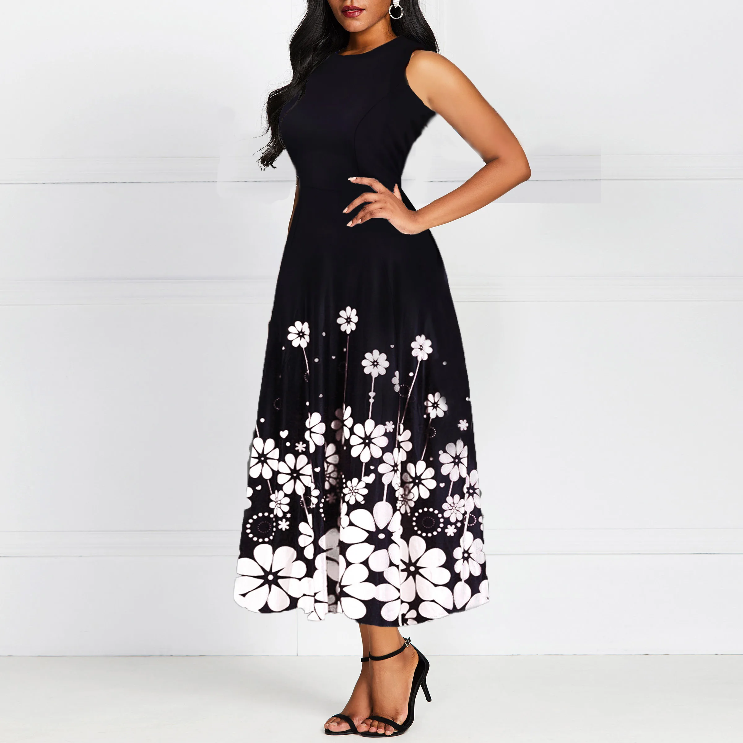 Черный круглый вырез горловины без рукавов Цветочный принт элегантное вечернее