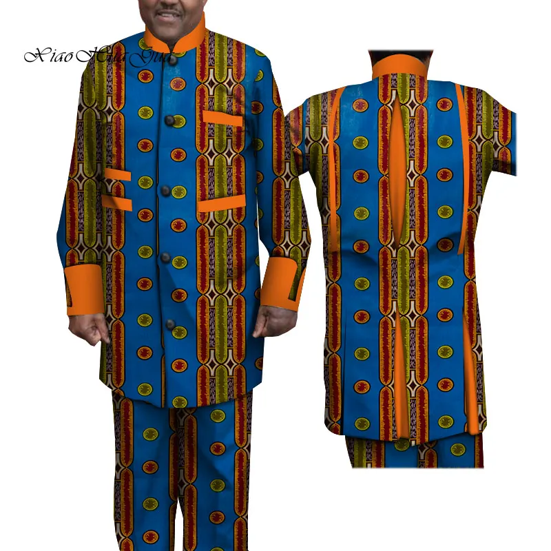 Дашики Мужская африканская одежда однобортный Топ рубашки и брюки наборы Bazin