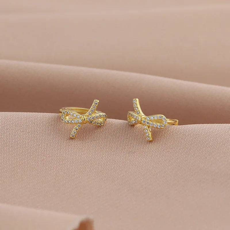 Женские серьги из серебра 925 пробы с золотым бантом и цирконом|earring solitaire|earrings