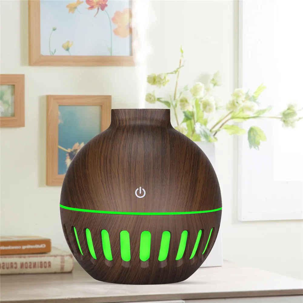 

130ml round hollow wood color air humidifier, 7 color LED night light aromatherapy essential oil diffuser