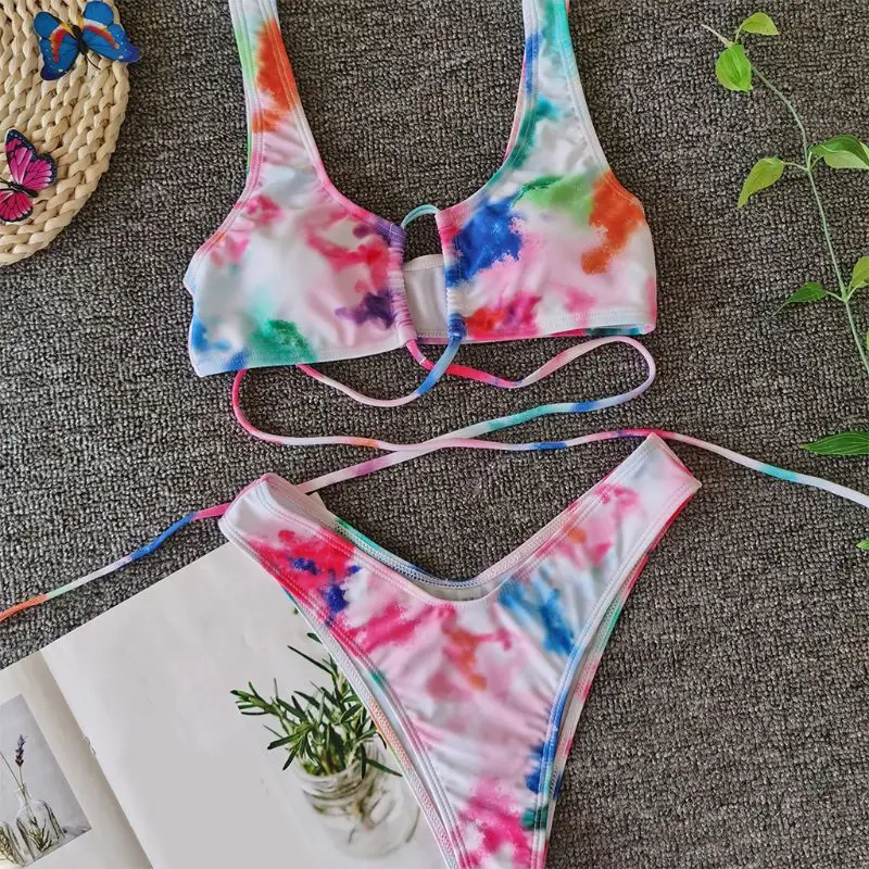 

Women Sexy Bikini Set Rainbow Tie-Dye Swimsuit Hollow Cross Strappy Bathing Suit