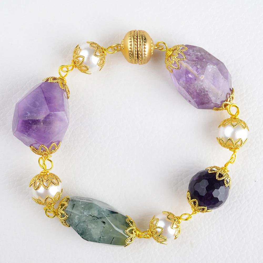 Белый морской жемчуг аметист прент каменный браслет с драгоценными