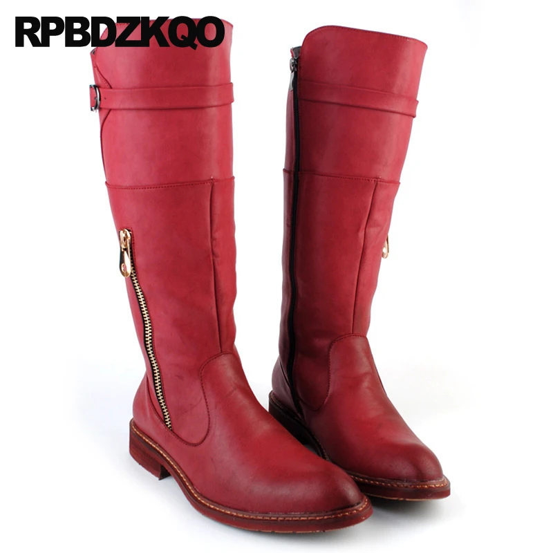 Мужские кожаные сапоги до колена на молнии красные черные винтажные