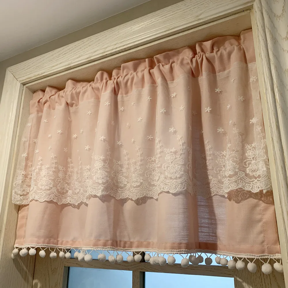 

Korean pastoral curtain European curtain head curtain head semi shading lace finished semi curtain short curtain hole free girl