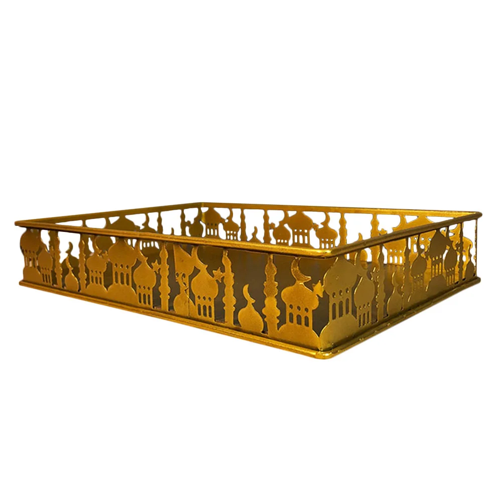

Golden Muslim Eid Iron Food Serve Tray Creative Square-shaped Food Container