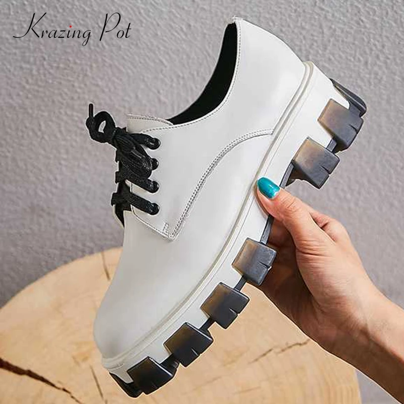 Krazing Pot/Новинка; обувь из натуральной кожи с круглым носком на платформе; Повседневная Удобная Обувь На Шнуровке; походная модная обувь в британском стиле; Вулканизированная обувь; L8f3