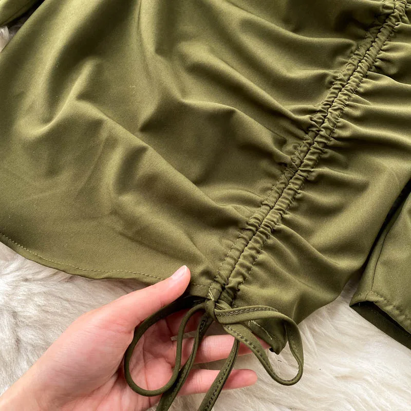 

Vintage Square Collar Long Sleeve Green Drawstring Mini Dress Women Elegant High Waist Bodycon Vestidos Female New Spring Summer