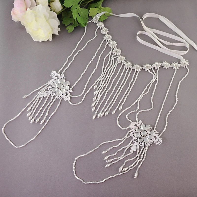 

Wedding Bride Imitation Pearl Tassels Necklace Faux Crystal Flower Shoulder Chain Bib Collar Prom Jewelry Shawl Wrap