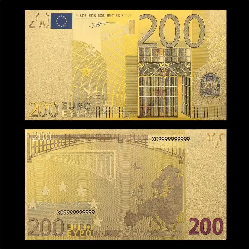 M006G-200 Цветные европейские золото banknotes 10 Банкноты евро в 24k Золотая фольга поддельные деньги для коллекции 5 20 50 100 200 500 Упаковка из 2 шт - Цвет: M006G-200