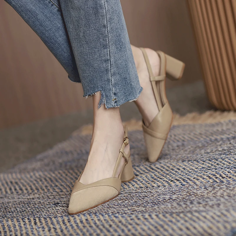 

SLHJC Female Autumn Sandals Patchwork Leather Shoes Med Square Heels Pointed Toe Slingbacks Pumps Office Formal Dress Heels