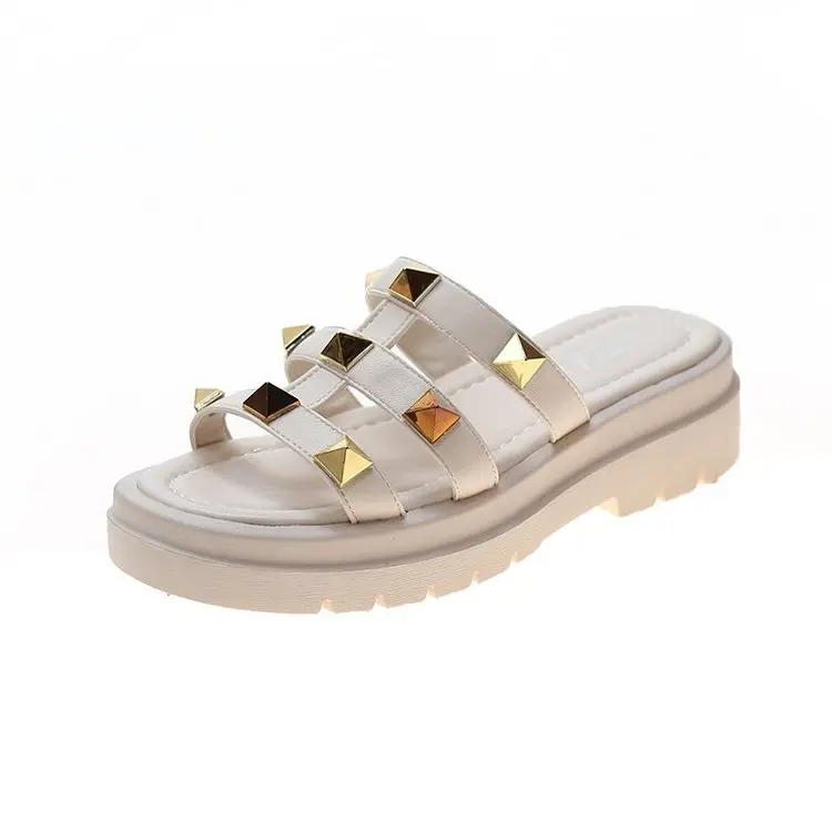 

Flat Shoes Female Womens Slippers Outdoor Pantofle Med Platform Slides Rivet Fashion 2021 Summer Luxury Soft Bonded Leather PU R