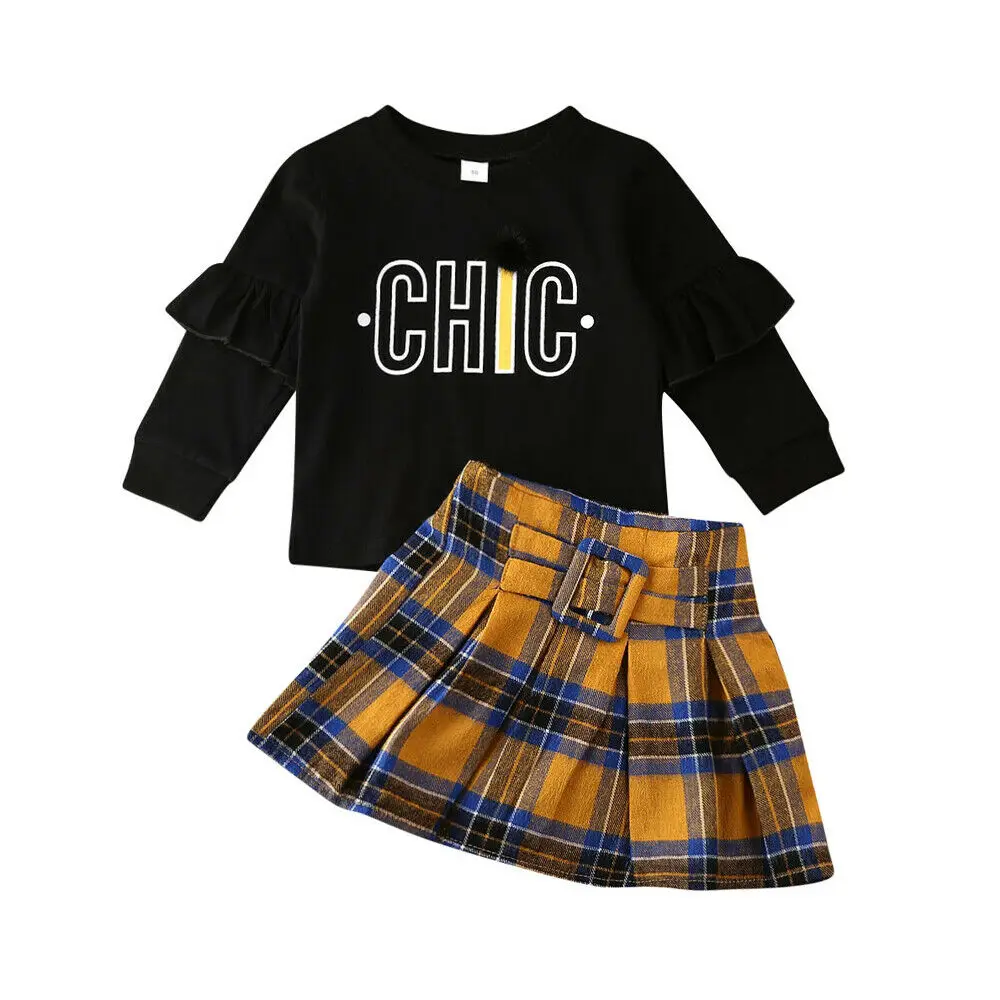 Новая одежда для маленьких девочек топ с длинными рукавами свитер клетчатая юбка