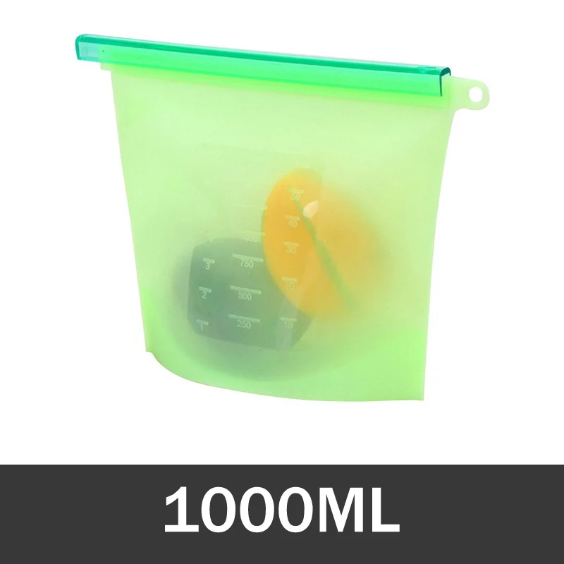 Green-1000ML 1000 мл, 1500 мл, многоразовая силиконовая сумка для хранения, силиконовые пакеты для хранения продуктов, пакеты для хранения продуктов питания, Ziplock, морозильная камера, пакеты для приготовления пищи - Цвет: Green-1000ML
