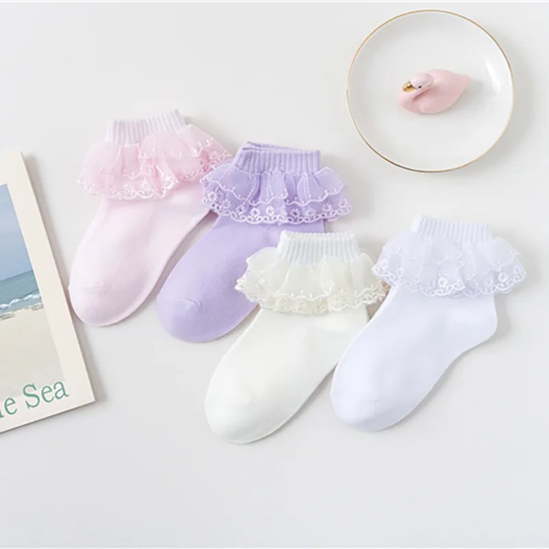 Детские однотонные милые хлопковые короткие кружевные детские носки принцессы