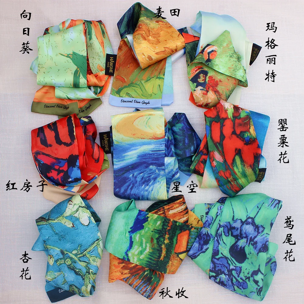 

Women HeadscarVan Gogh Oil Painting Neck Tie Band Twill Silk Scarf Skinny Scarf Bag Ribbons Female Neck Tie Head Neck Tie