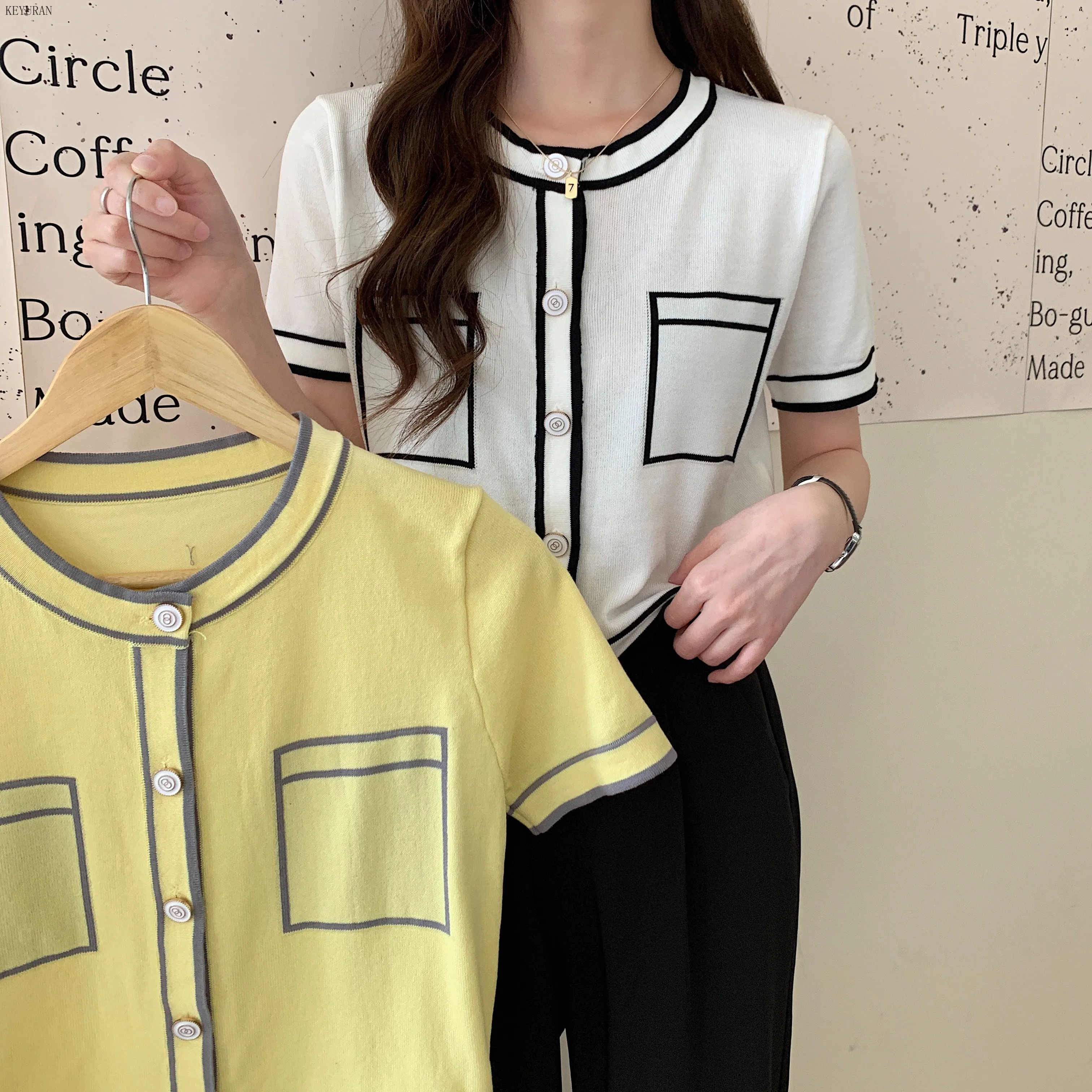 

Plus Size Summer New Lightweight Knitted T-shirt Women's Fashion O-Neck short-sleeved Loose Cardigan Knit Tops Yellow/White