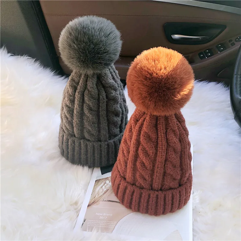Зимние теплые шапки с помпоном из искусственного меха Модные Лыжные для девочек