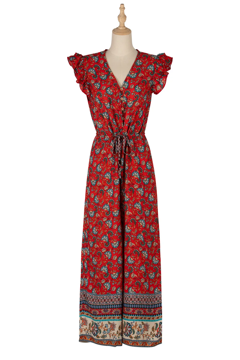 

2020 Summer Women's Romper Lotus Leaf Sleeve Ear Single Row Button Red Floral Tie One-piece Pants Female Beach Boho Jumpsuits