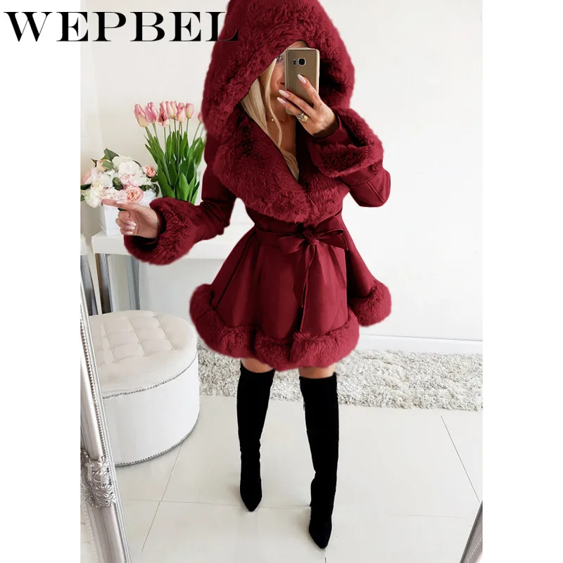 

WEPBEL Long Parka Winter Jacket for Women with Belt Faux Fur Coat Fur label Collar Hooded Thick Warm Overcoat Streetwear