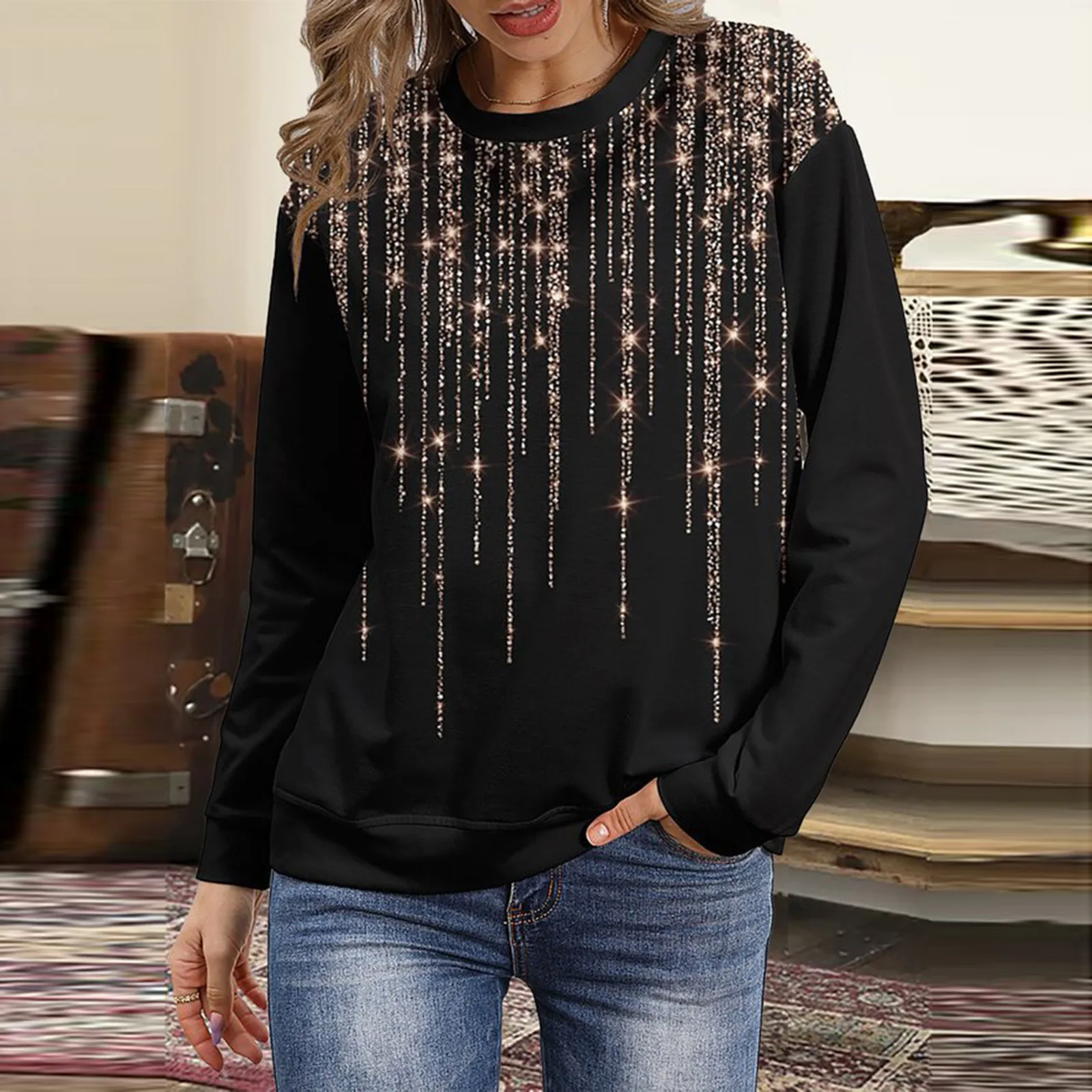 

Sequins Print Crew Neck T Shirt Women Autumn Spring Long Sleeve Pullover Streetwear Loose Fit Casual Female Tee Tops Ropa Mujer
