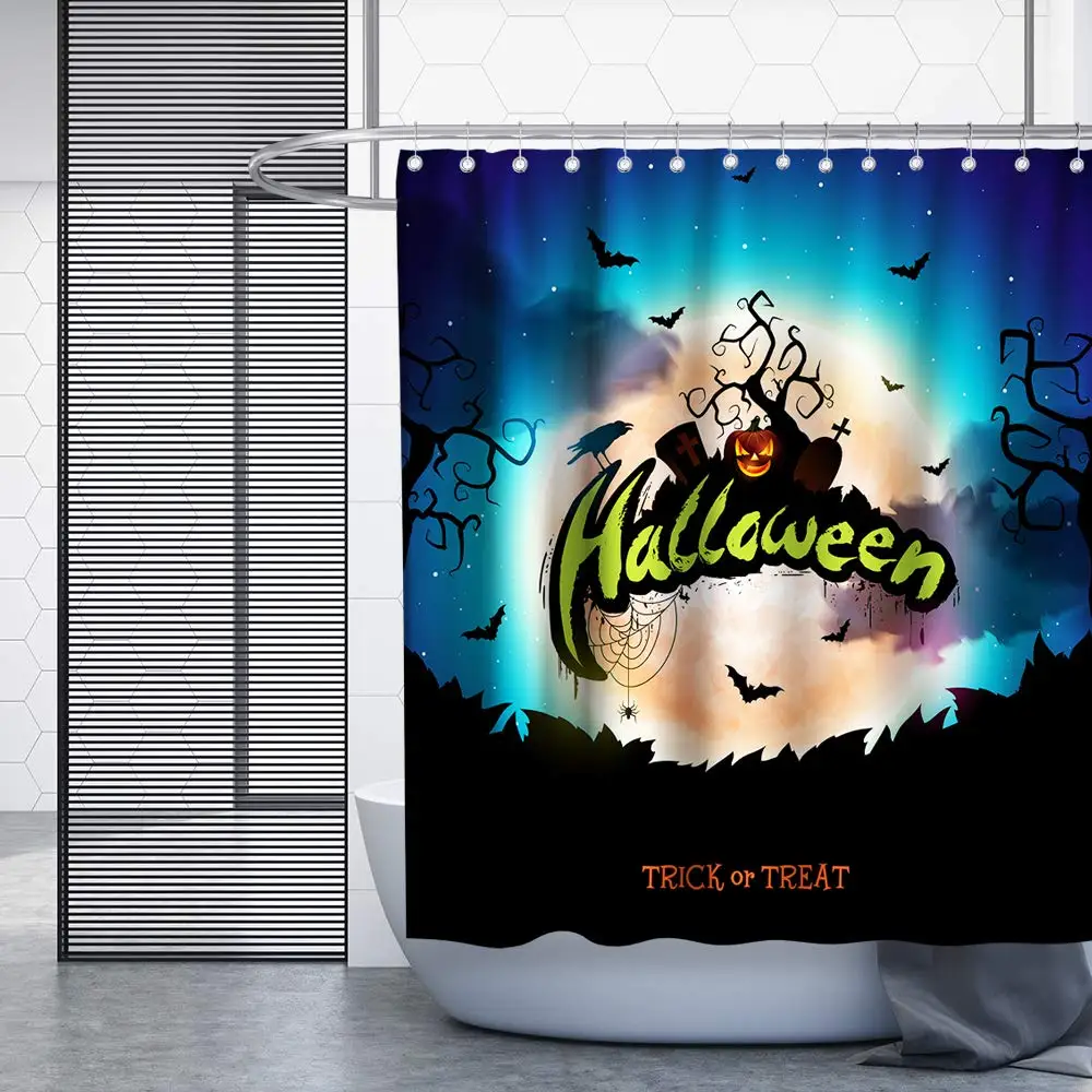Хэллоуин луна ночь тема ткань Душ фотообои зеленый оранжевый и синий | Дом сад