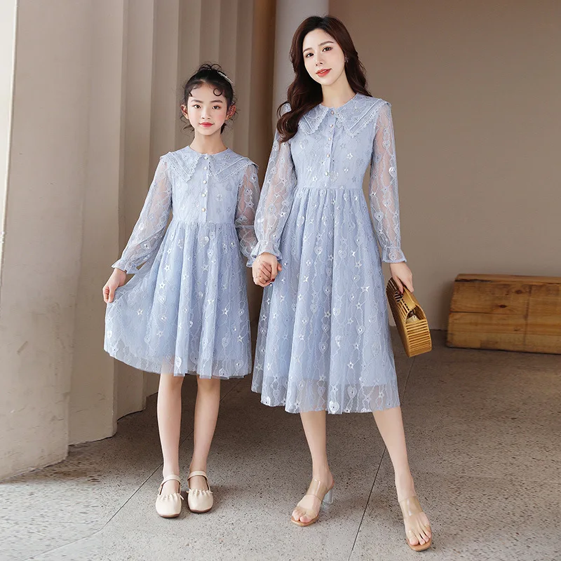 

WLG Mommy and Me Dresses Family Outfit Matching Spring Fall Pink Sky Blue Floral Pattern Mesh Ruffle Dress