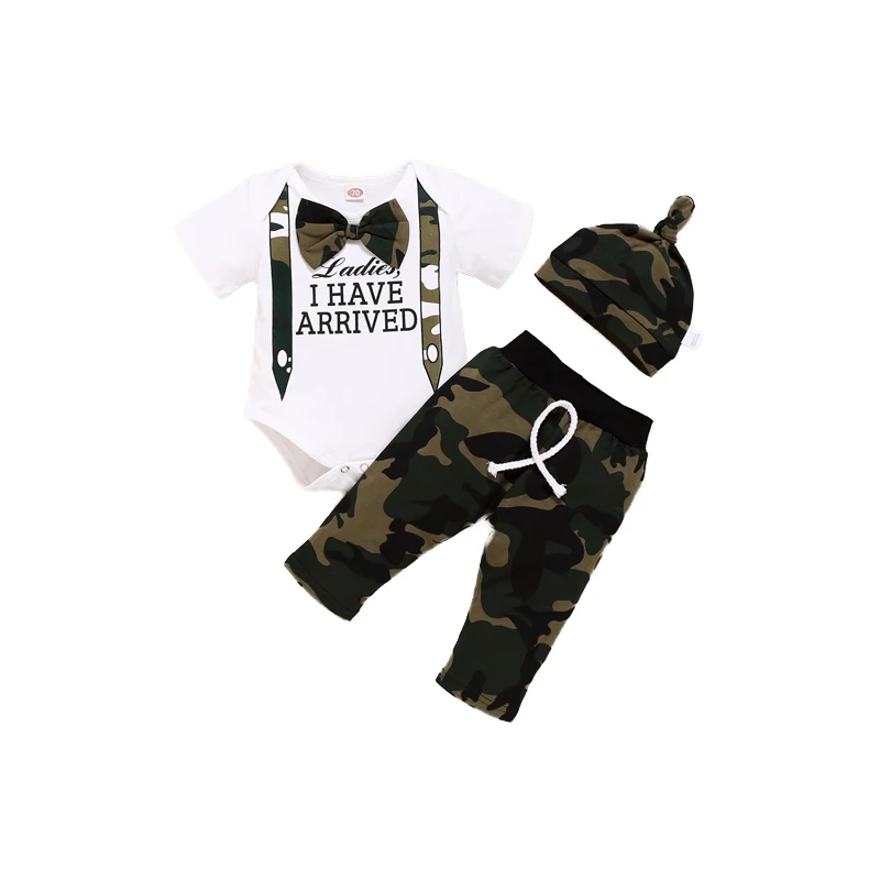 

New Fashion Kids Clothing Set Baby Boy 3pcs Set Newborn Baby Boy Romper Tops +long Pants Camo Hat Outfits Clothes 0-18 Months