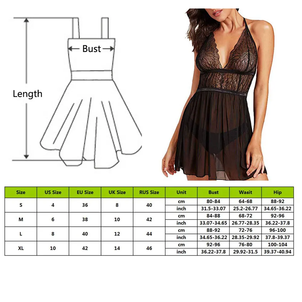 

Ladies Sexy Lace Hanging Neck Mesh Nightdress Solid Color Sleeveless With Panties Sexy Nightdress