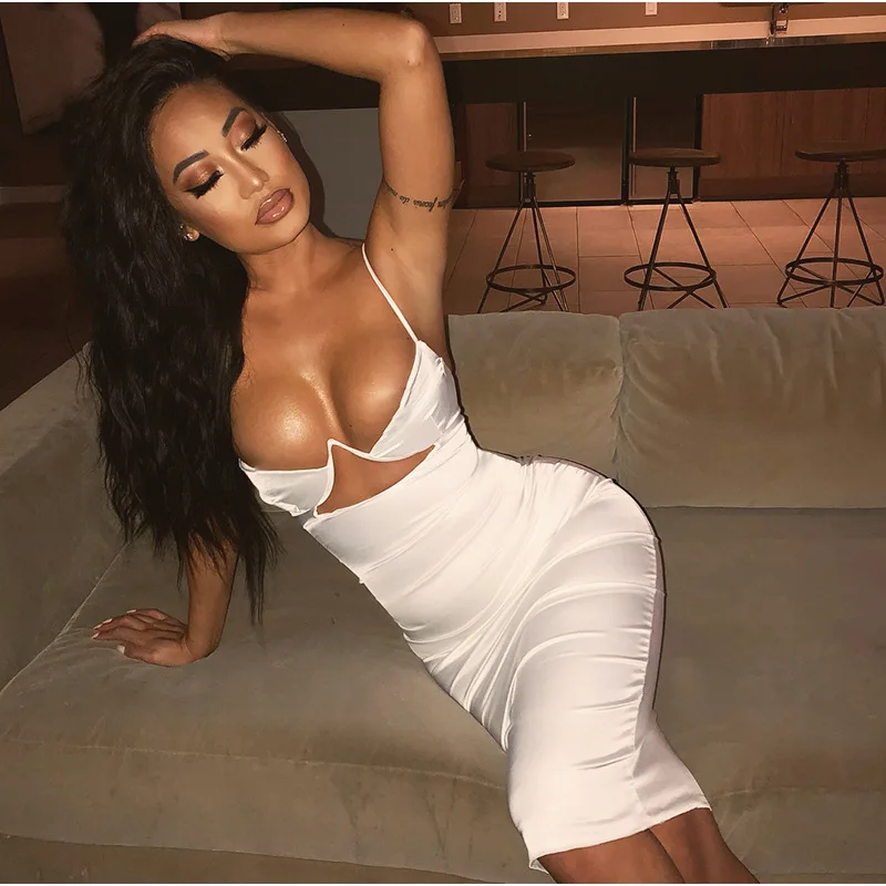

2021 bust cut out sexy dress women's summer spaghetti shoulder strap birthday party tight dress rose gold satin dress white